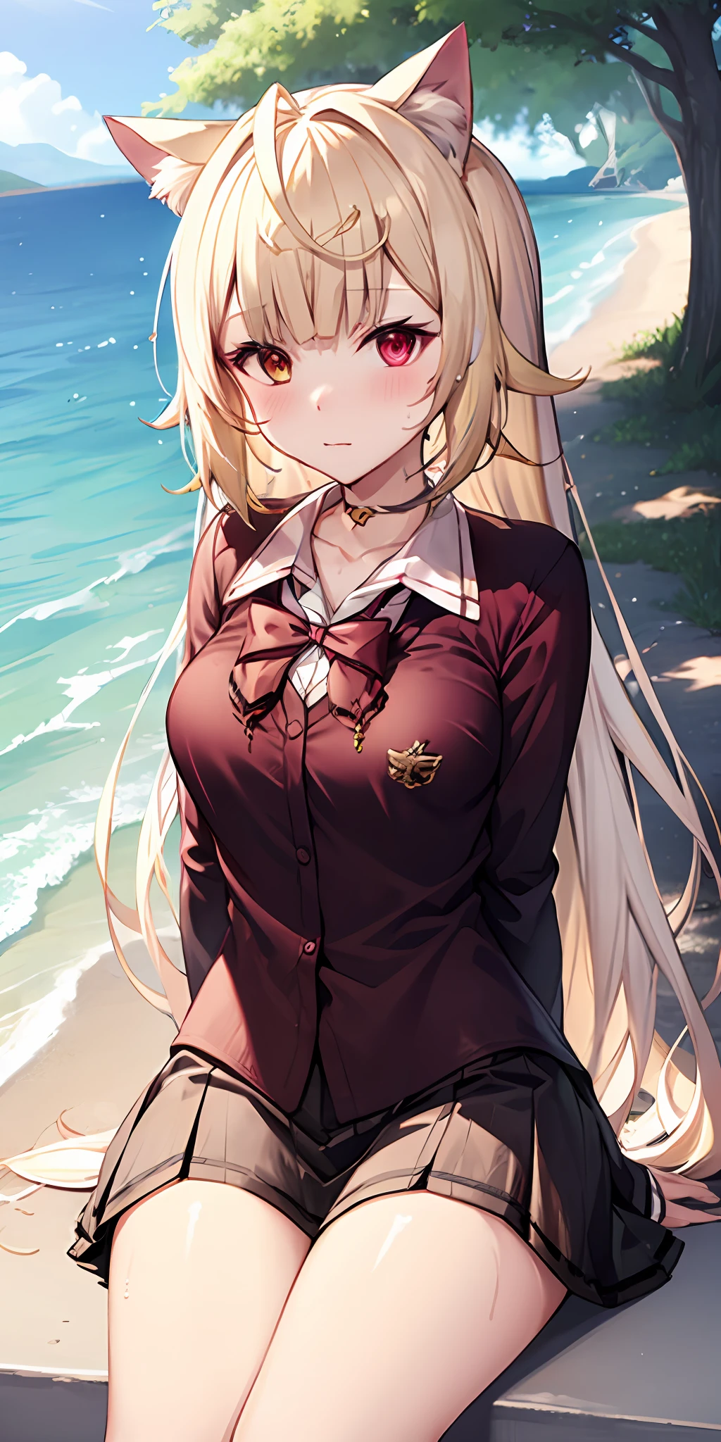 Anime girl with white hair and cat ears, red eyes, shy blush, wet school uniform, transparent cloth, water, seaside, beach, sunny