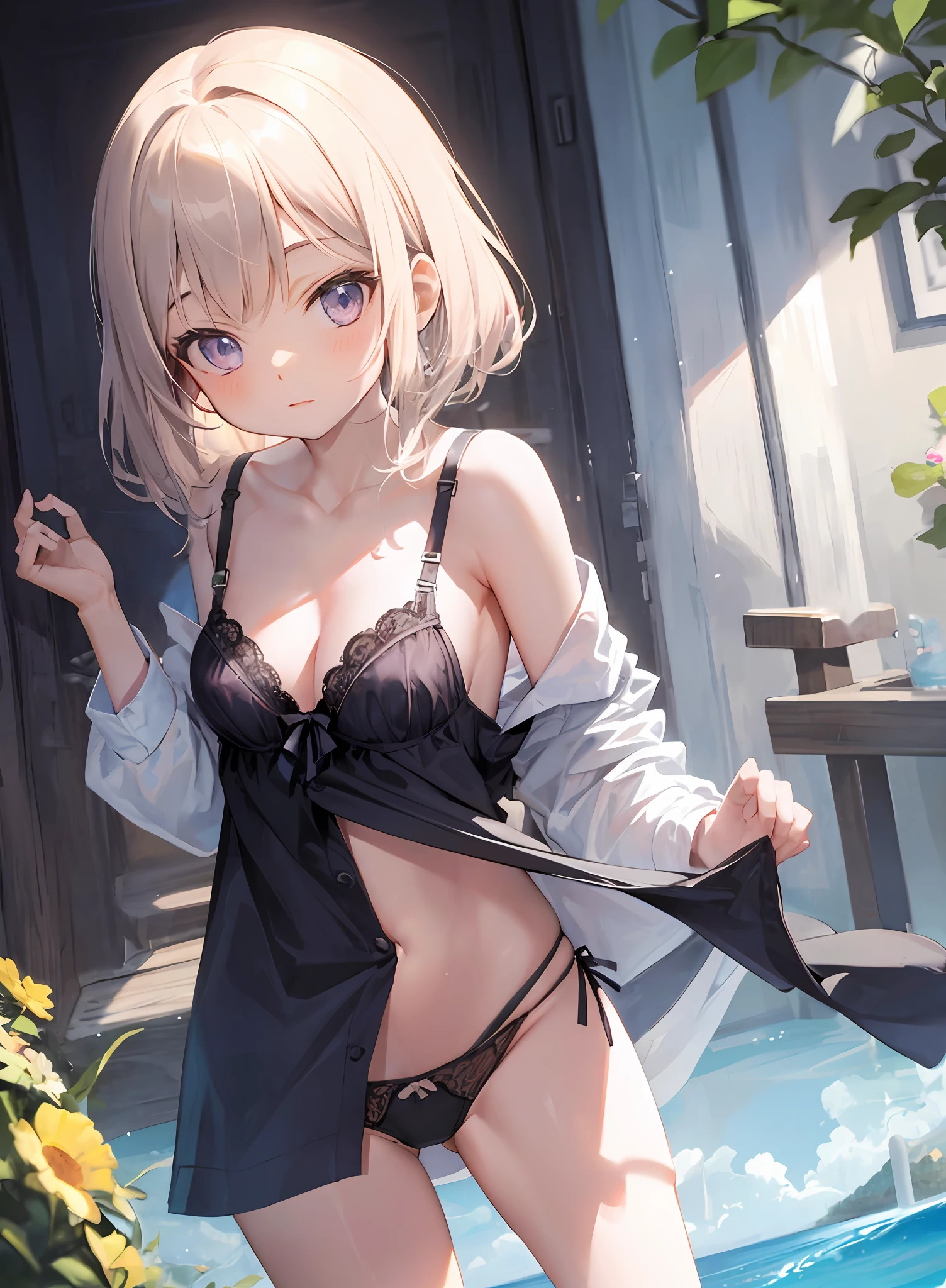 Chica anime con un vestido negro y una corbata parada en una piscina. -  SeaArt AI