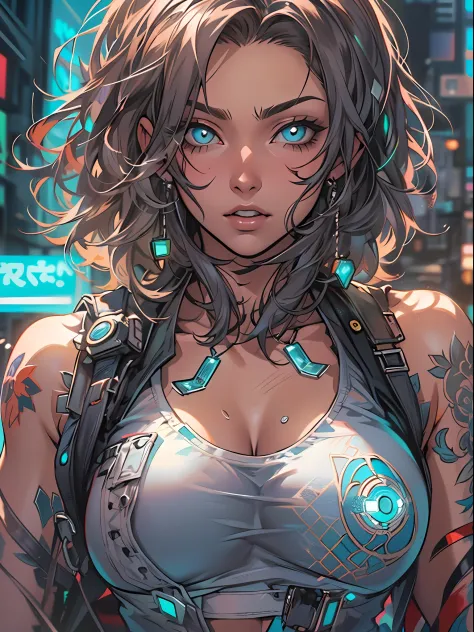 mulher cyberpunk com pele escura e olhos azuis e cabelo castanho curto, vestindo uma blusa branca folgada e um short de banho 8k...