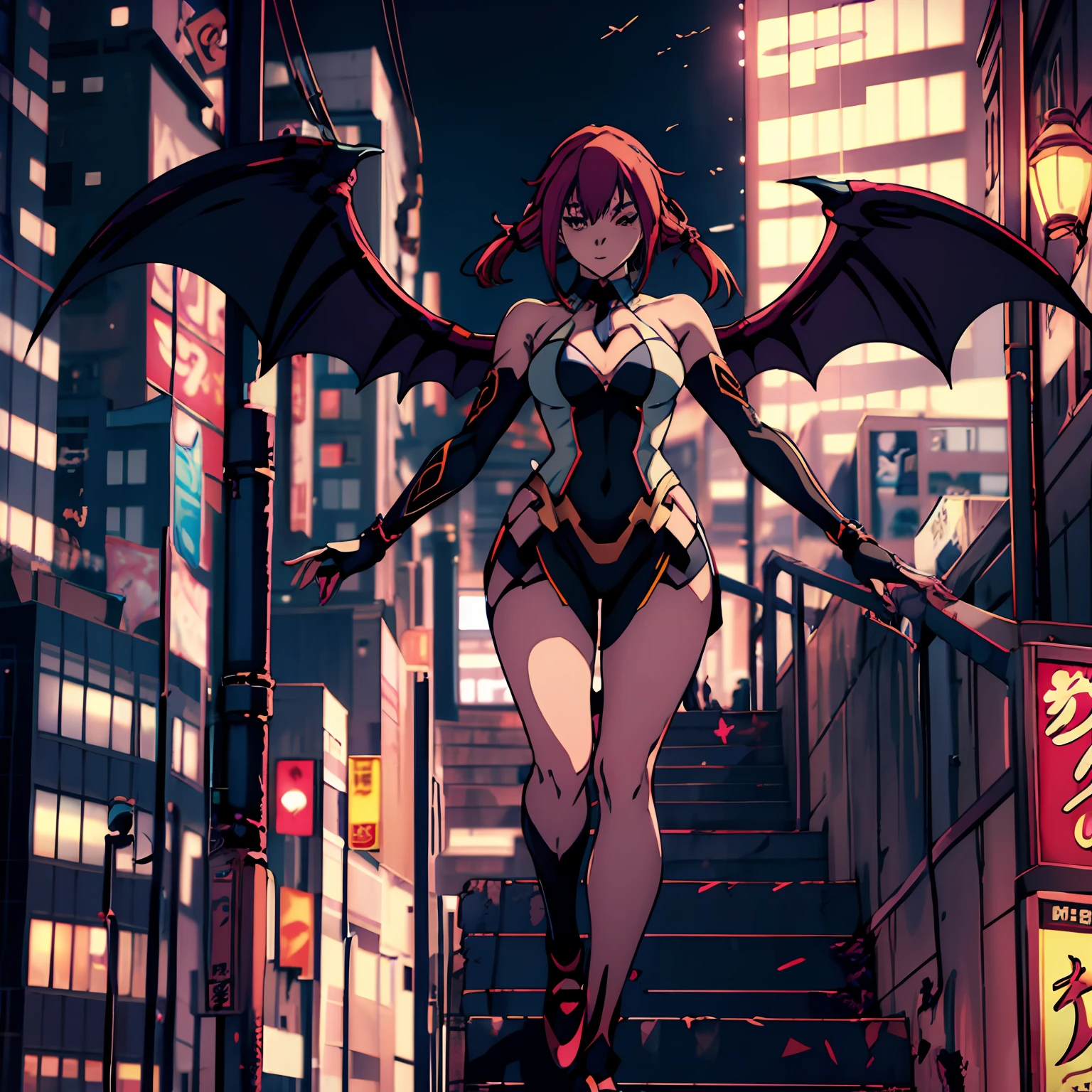 garota de anime com asas e corpo inteiro em uma cidade, garota anime demônio, anigirl batman, beautiful súcubo, garota monstro de anime, garota anime sedutora, badass anime 8 k, vilã tem asas de anjo negro, mika kurai demon, Deusa dos animes, estilo anime 4k, Garota Demônio, arte de anime em alta definição, nightcore, súcubo