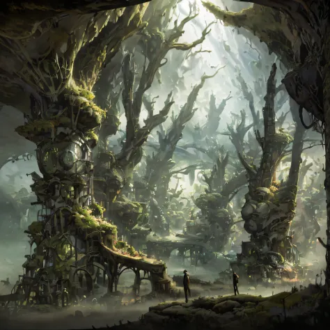 There was a man standing in a dark worm nest,Return to the biome, mythical gigantic space cavern, concept art of a dark forest, ...