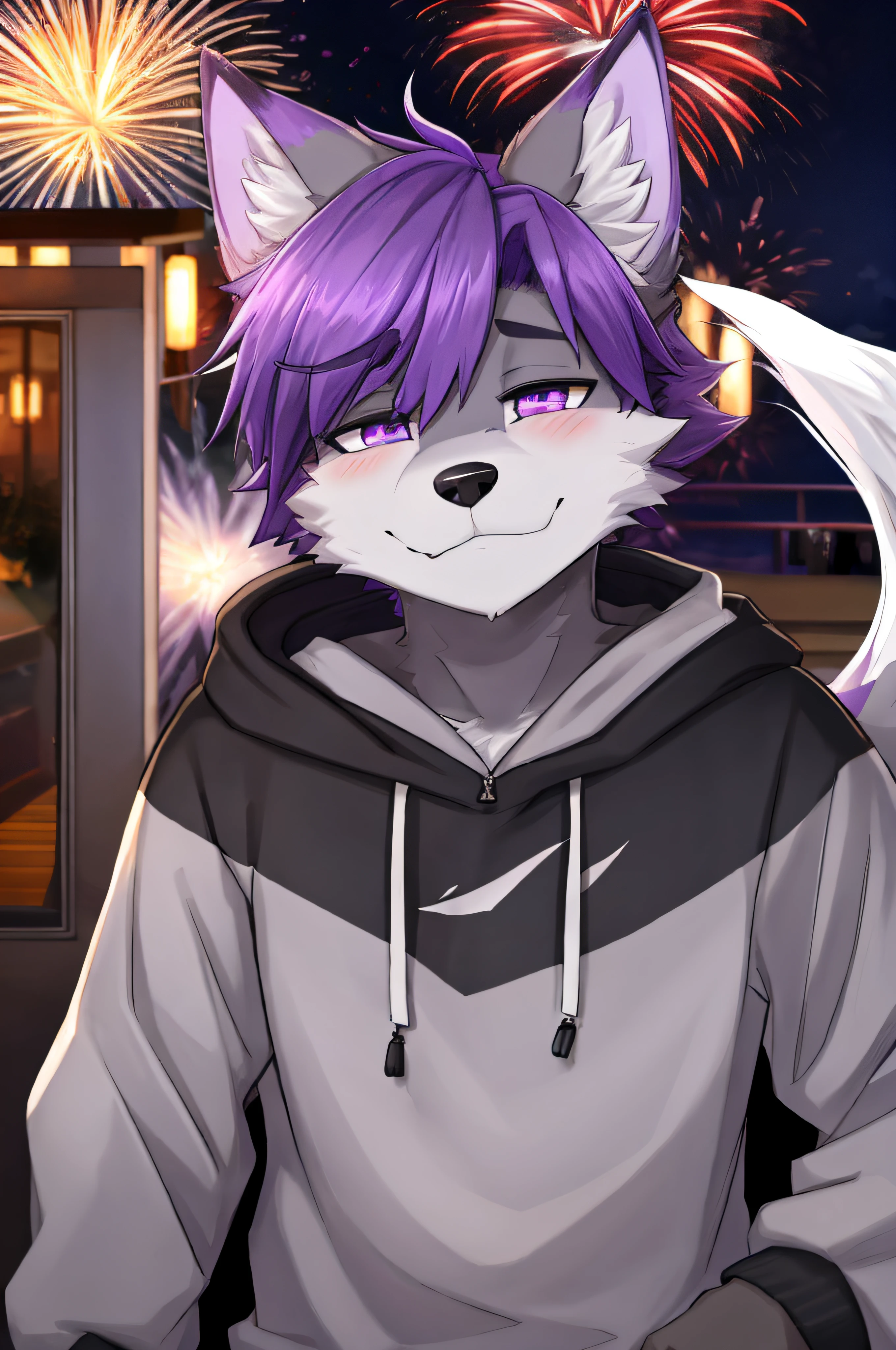 （Furry art， uploads_On_e621：1.4， furry anthro：1.5）， coyote，Purple hair，Purple hair all over the body，The hair is purple，The ears are purple，a purple eye，Closed expression，male people，male people， hairy pubic，Gray tail， anthropomorphic turtle， Wear a sweatshirt， 独奏， do lado de fora， On a cruise ship，fire works， focal， Facial and upper body focus， looking at viewert， smiling with closed eyes （RTX lighting， A detailed）A furry,furrsuit，Only one 15-year-old boy had a wolf face，Gray fur，Sagging ears，Ears drooping，sitted，Closed expression，Wear a white sweatshirt，Silver eyebrows，Sweatshirt black purple，Skin details of hair，Sagging ears，Closed expression，Deviation trend，Furry character，Gray furry body，The gray body has hairy hair，Gray body，Hairy neck Antro，detailed purple eyes，1.3，There is a gray wolf tail， 8k hdr，dark shadow，Wide dynamic range， hdr，low-light：1.2，Detailed fireworks in the background, In the air，There is a flesh-colored flesh pad in the center of the palm，hairy hand，Blue pupils，There are bright spots in the eyes，The ears are purple，Purple ears，Differential crushing cap