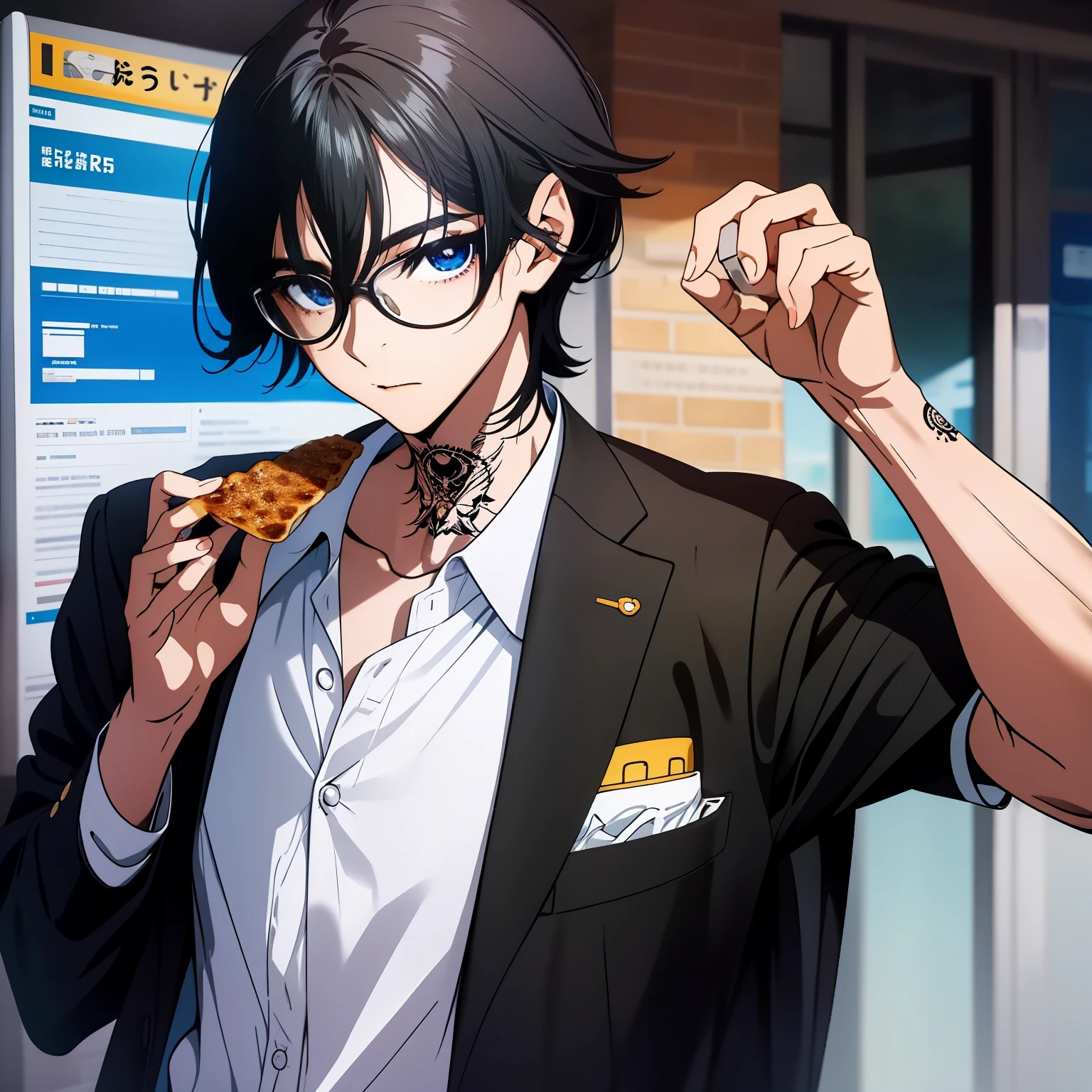 Anime style black-haired boy, wears glasses, Handsome and cute expression, neck tattoo, eBlue eyes, Tattooed teenager，Eat yakisoba bread at school