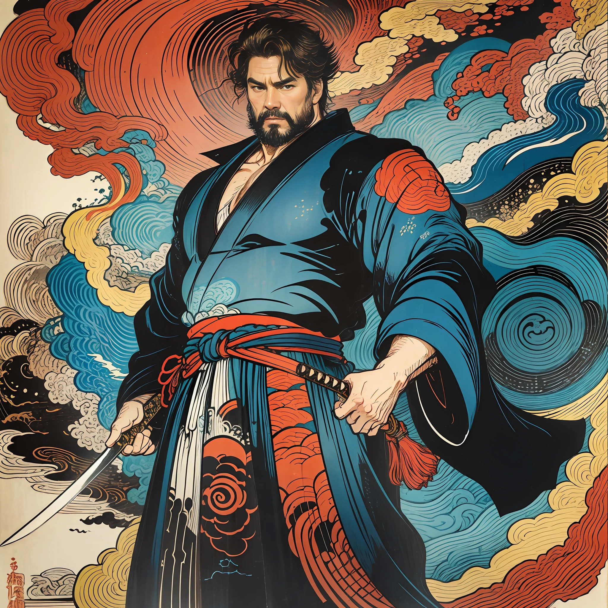 It is a full-body painting with natural colors with Katsushika Hokusai-style line drawings. The swordsman Tom Cruise has a big body like a strongman. Samurai of Japan. With a dignified but manly expression of determination, he confronts evil spirits. He has black short hair and a short, trimmed beard. His upper body is covered with a jet black kimono with a glossy texture, and his hakama is knee-long. In his right hand he holds a Japan sword with a longer sword part. In the highest quality, masterpiece high resolution ukiyo-e style lightning and swirling flames. Among them, Tom Cruise is standing with his back straight, facing the front.
