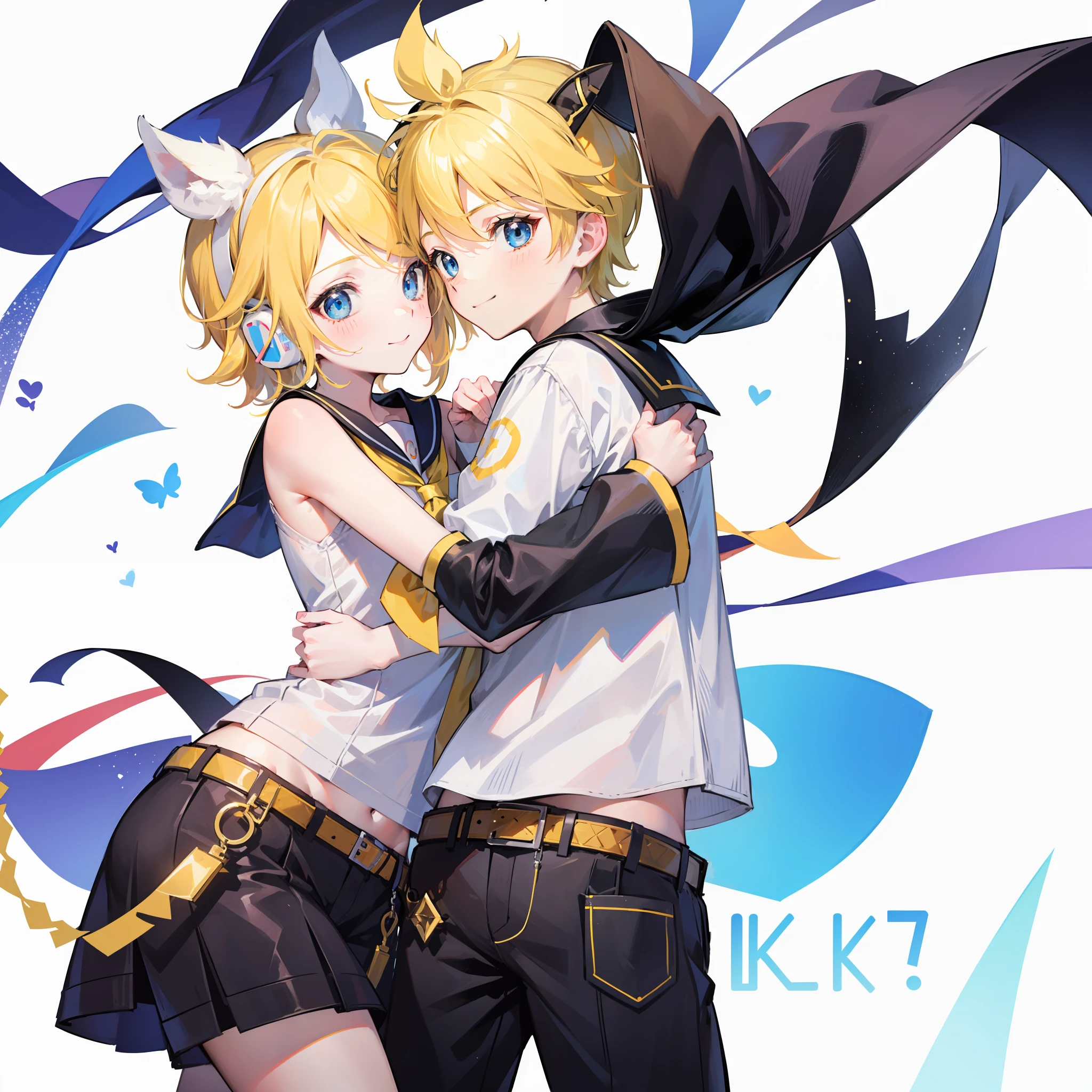 Meilleure qualité, Ultra précision, seulement deux personnes, un garçon et une fille, (un garçon est Kagamine_seulement), (une fille est Kagamine_Aussi), yeux bleus, Mignon, Cheveux courts, casque de musique, cheveux blonds, uniforme de marin, pantalon court noir, ceinture, cravate jaune, sourire, élève d&#39;école primaire, jumeaux, S&#39;aimer l&#39;un l&#39;autre, frères et sœurs, enfants, (le garçon est aussi grand que la fille), enfants, focus sur les personnages, couple, S&#39;aimer l&#39;un l&#39;autre, fond blanc, se regarder, amour platonique, Garçon sympa, Mignon girl, (câlin), tir de cow-boy, rougir