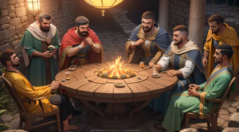 isaias usando capa, standingn, far away is a round table with men drinking and laughing, robes and arms of cloak raised on a bro...