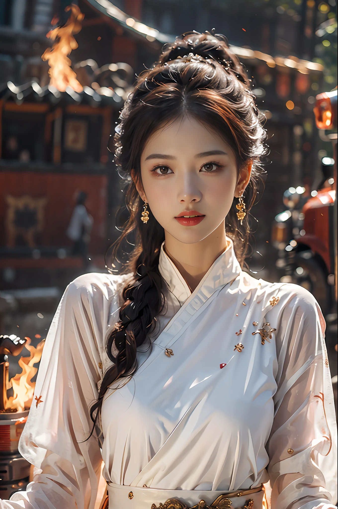 Best quality,masterpiece,ultra high res,(photorealistic:1.4)1girl,beautiful_face,detailed skin,full body,yuhuoshu,jewelry,solo,earrings,(fire:1.3),blurry,realistic,lips,