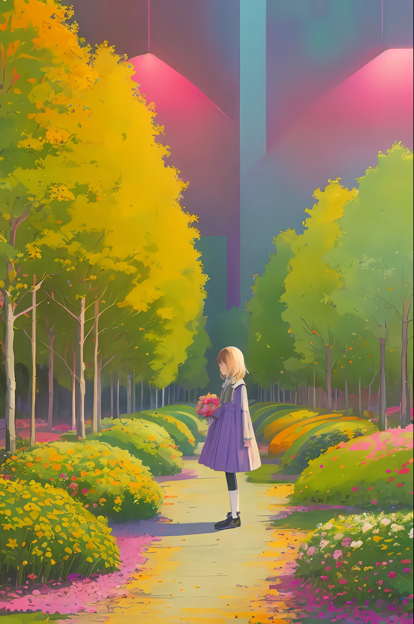 Polychrome, begrenzte Palette, Bunt, Landschaft, 1 Mädchen, Regenbogen, Grüne Stadt,, detaillierter Hintergrund, Meisterwerk, beste Qualität,