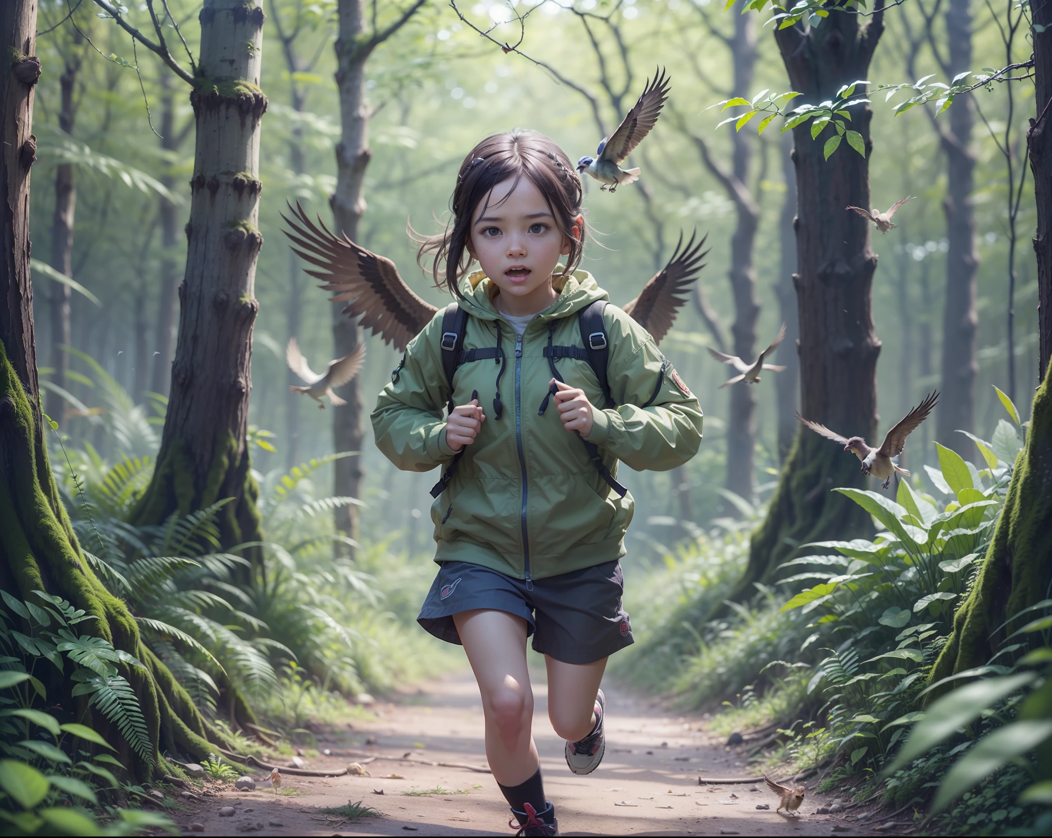 Erschaffe ein kleines Mädchen im Wald, das vor einem Vogel davonläuft. , 8k, filmisch, Fotorealismus, Hyperrealistisch, 8k, filmisch, Fotorealismus, Hyperrealistisch --auto --s2