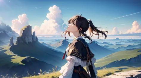 absurdres, highres, (official art, beautiful and aesthetic:1.2), close view,
shining sky, vast world, girl, gazing, awe-inspiring expression, distant horizon, clouds, high hill, natural beauty, inspiration, light effects,