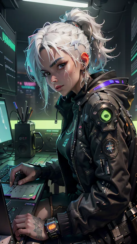 ((Best quality)), ((masterpiece)), (highly detailed:1.3), 3D, beautiful (cyberpunk:1.3) female hacker with choppy white hair black eyes operating a computer terminal, computer servers, LCD screens, fibre optic cables, corporate logos,HDR (High Dynamic Rang...