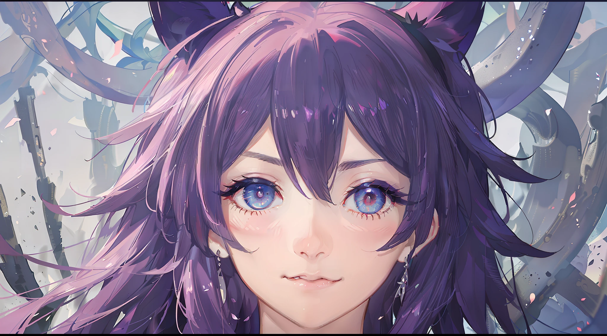 Anime girl with purple hair and blue eyes in front of a tree - SeaArt AI