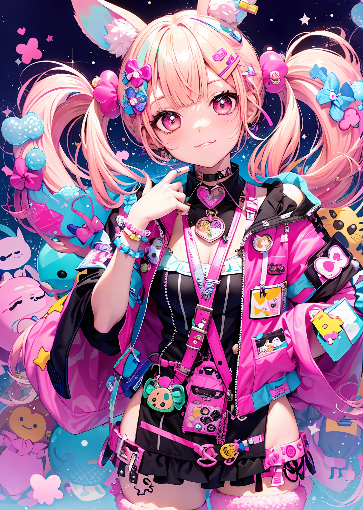 "A single girl with a decora street fashion-inspired look, rocking a crazy harajuku style. She wears legwarmers and big platform shoes, and has her hair styled in adorable pigtails. The scene is set at nighttime, hairpins, accesories, bunny ears with pattern inside, striped "