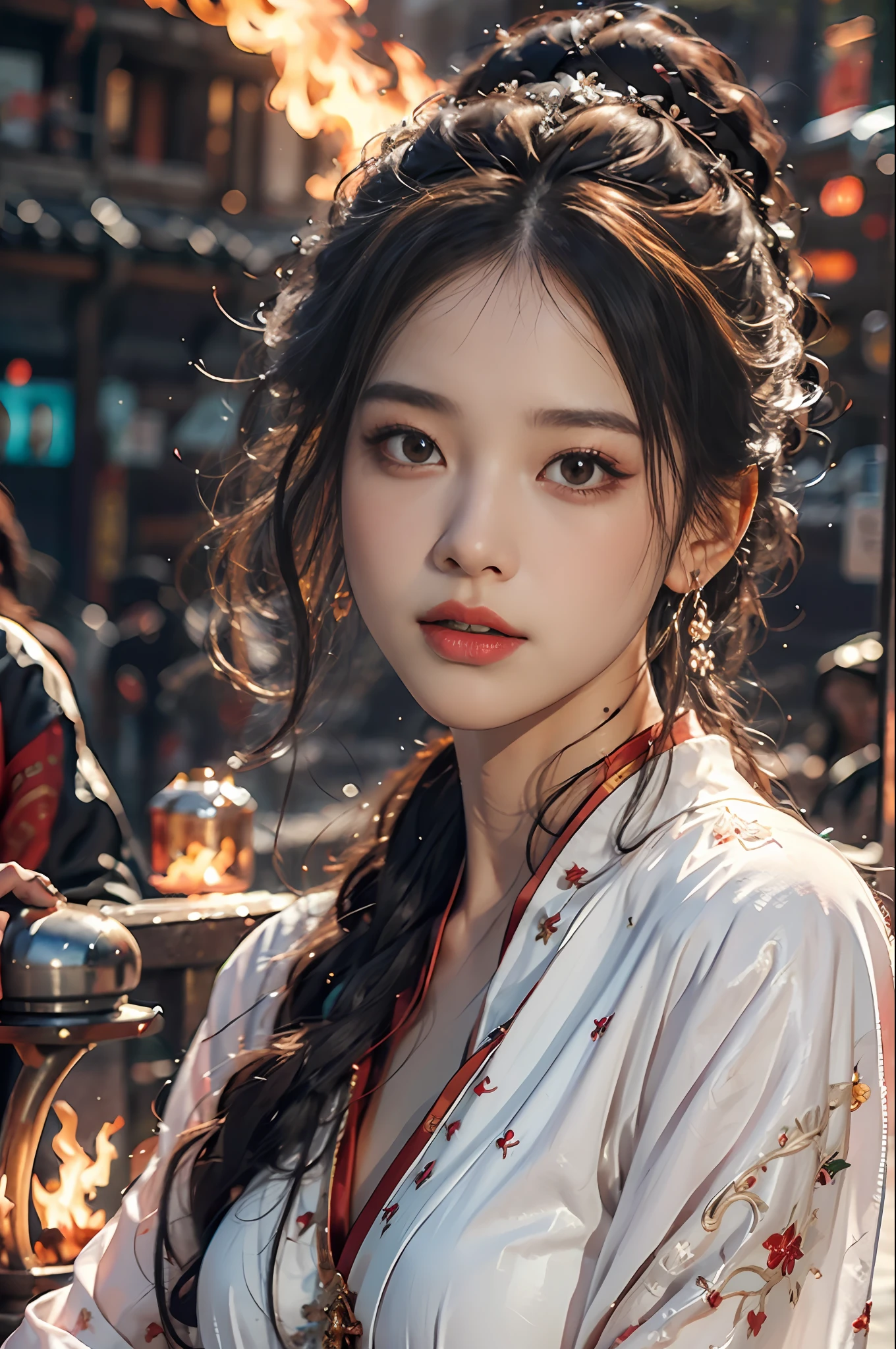 Best quality,masterpiece,ultra high res,(photorealistic:1.4)1girl,beautiful_face,detailed skin,full body,yuhuoshu,jewelry,solo,earrings,(fire:1.3),blurry,realistic,lips,