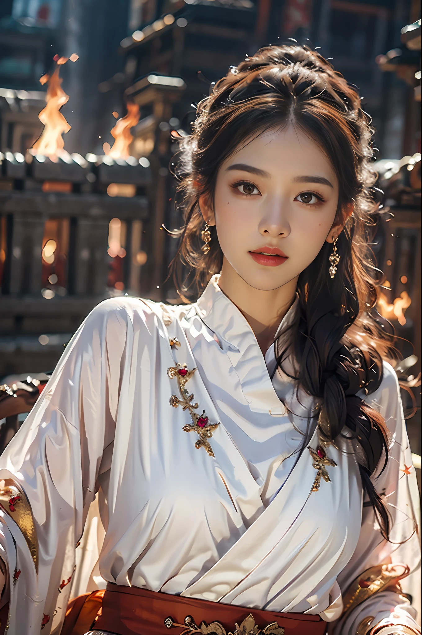 Best quality,masterpiece,ultra high res,(photorealistic:1.4)1girl,beautiful_face,detailed skin,full body,yuhuoshu,jewelry,solo,earrings,(fire:1.3),blurry,realistic,lips,