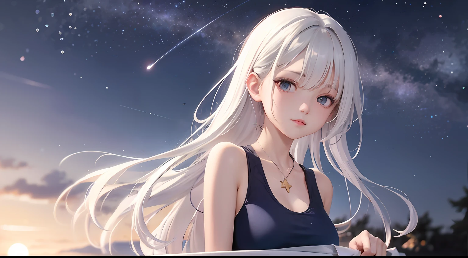 ​masterpiece、best、1girl in、white  hair、Crisp eyes、swim wears、((((natta)、starrysky)))、a park、