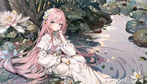 anime girl sitting in pond，there were flowers and water lilies, ethereal anime, anime girl with long hair, anime illustration, a...