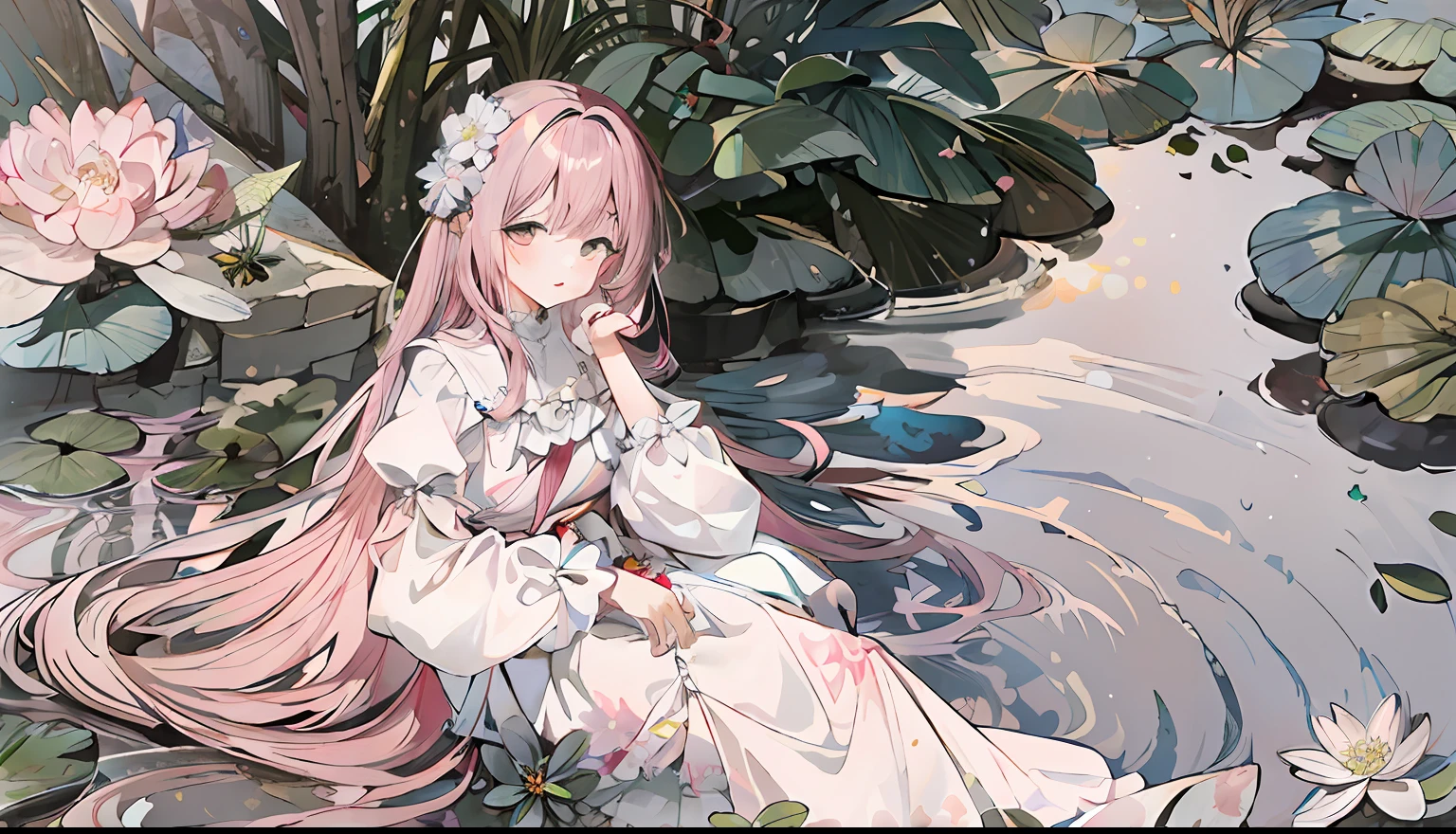 Anime girl sitting in pond，There were flowers and water lilies, ethereal anime, Anime girl with long hair, anime illustration, Anime fantasy illustration, dreamy psychedelic anime, beautiful fantasy anime, Beautiful anime art, beautiful anime art style, Beautiful anime artwork, clean and meticulous anime art, anime visual of a cute girl, cute anime waifu in a nice dress, Beautiful anime style