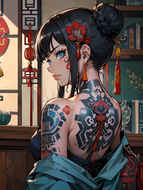 (masterpiece best quality:1.4),1girl, (tattoo of chinese text:1.5), solo, hair flowers, long hair, blue eyes, looking at viewer,...