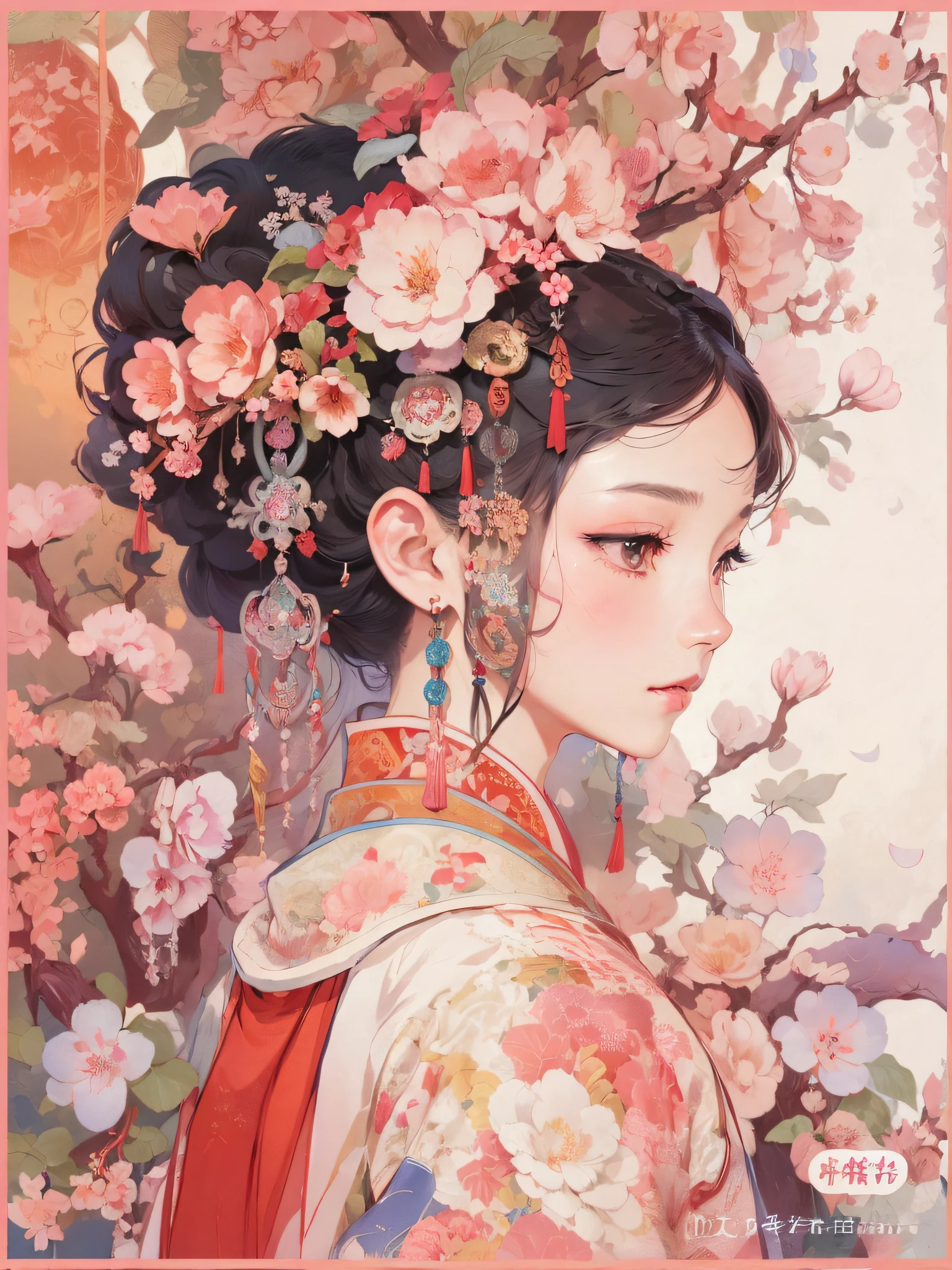 ภาพระยะใกล้ของผู้หญิงสวมผ้าโพกศีรษะดอกไม้อยู่หน้าต้นไม้, พระราชวัง ， หญิงสาวในชุดฮันฟู, กูวิซ-style artwork, กูวิซ, ภาพวาดตัวละครที่สวยงาม, เจ้าหญิงจีน, ภาพประกอบงานศิลปะที่สวยงาม, โดย เล่งเหมย, โดย เย่ซิน, ผลงานชิ้นเอกของ Guweiz, ผู้เขียน：เฉิน หลิน, ผู้เขียน：เหม่ยชิง