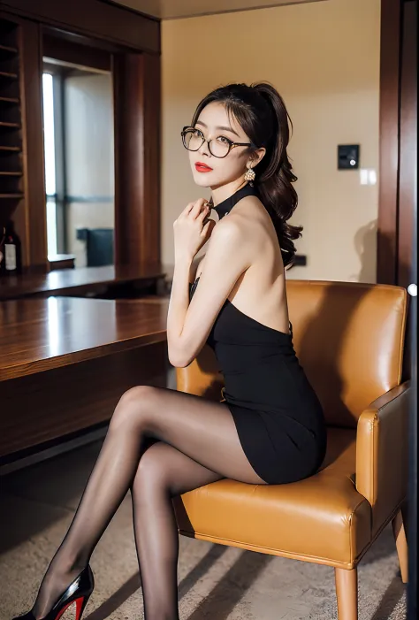 Exquisite, masterpiece, beautiful details, colorful, delicate details, delicate lips, intricate details, large breasts, black glasses with cool, 1 woman, (a beautiful 20-year-old cute Korean woman: 1.1), (kpop idol, Korean mixed), (50mm Sigma f/1.4 ZEISS l...