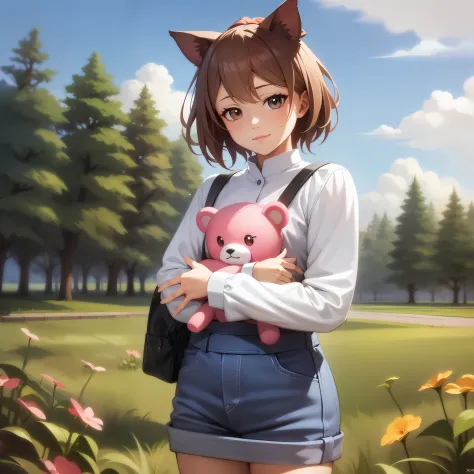 Anime girl with pink teddy bear in her arms, anime moe art style, anime girl with cat ears, cute anime catgirl, realistic anime ...