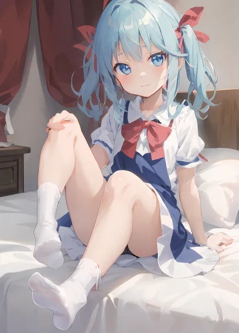 Anime girl sitting on bed，Stars and ropes in the background, small curvaceous loli, Splash art anime Loli, Anime moe art style, Cute anime girl, anime visual of a cute girl, small loli girl, loli in dress, up of young anime girl, (Anime girl), Cute anime, ...