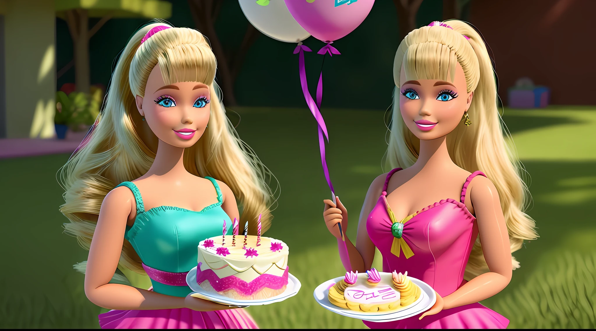 Barbies holding a cake and a balloon with a birthday cake on it - SeaArt AI