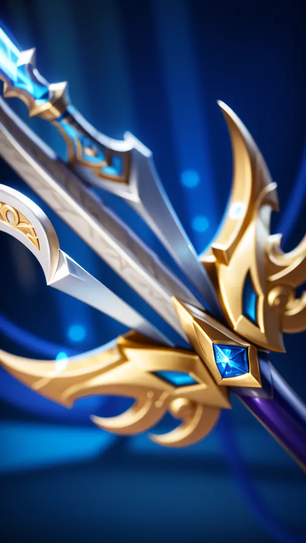 Close-up of a sword with a gold and blue blade, The sword, Avatar image, league of legends inventory item, leblanc, Ashe, arcane jayce, Polearm sword, style of league of legends, mobile legends, Irelia, Thertrevkaiser, rapier, league of legends arcane, wil...