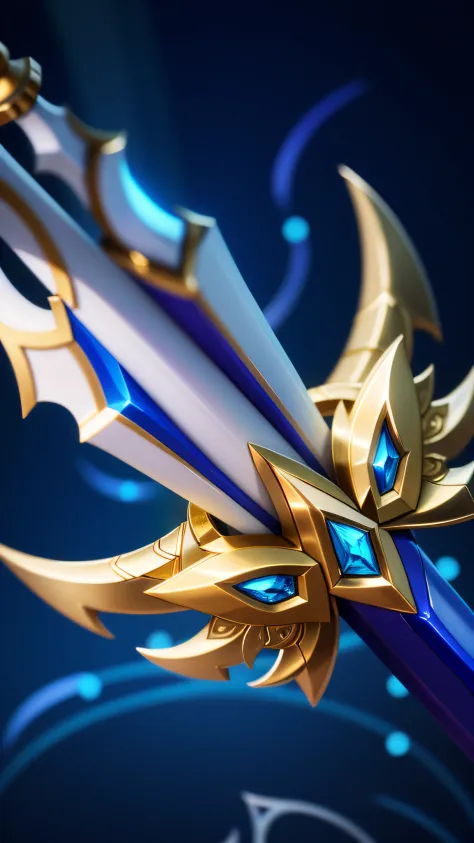 Close-up of a sword with a gold and blue blade, The sword, Avatar image, league of legends inventory item, leblanc, Ashe, arcane jayce, Polearm sword, style of league of legends, mobile legends, Irelia, Thertrevkaiser, rapier, league of legends arcane, wil...