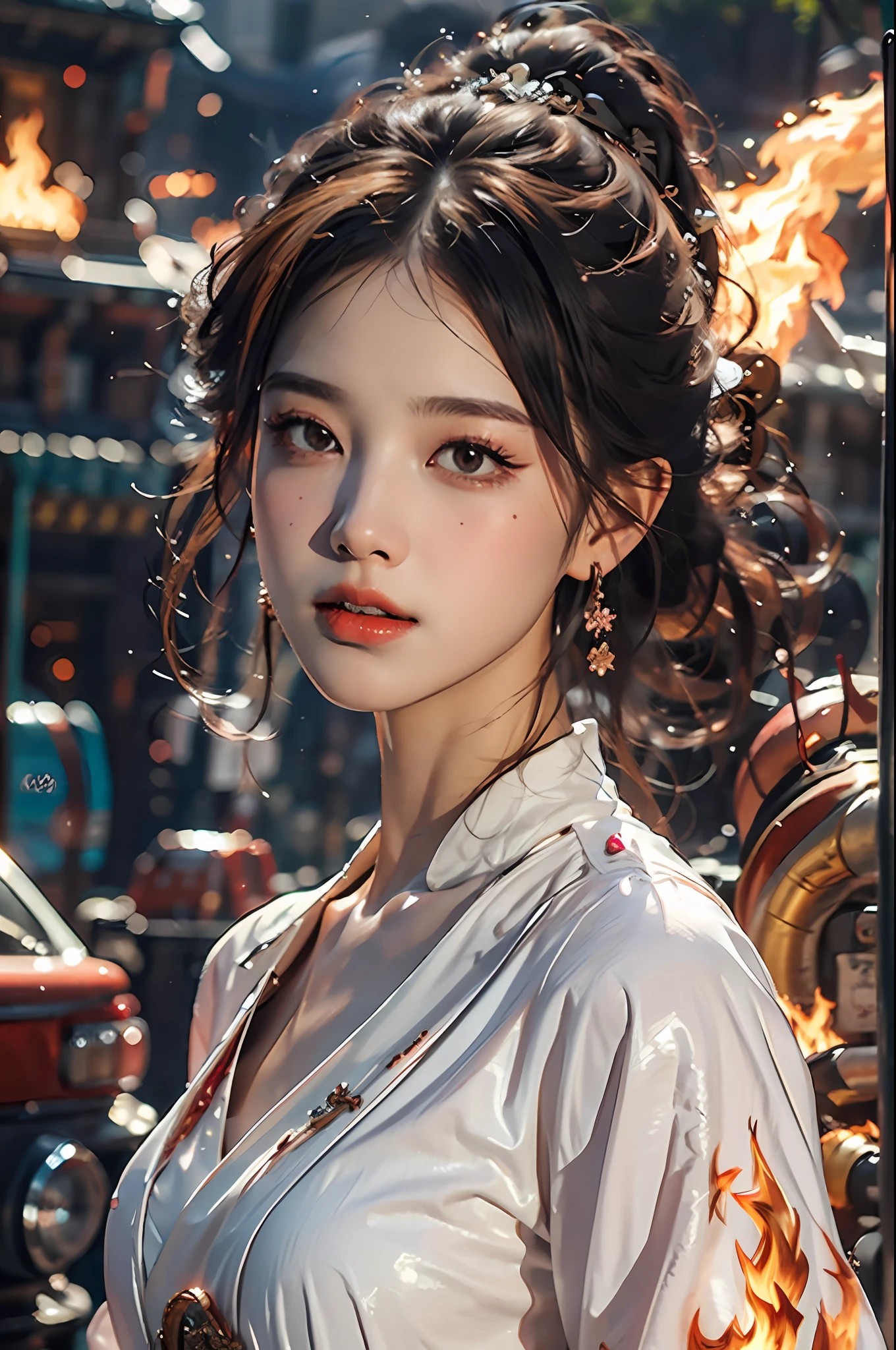 Best quality,masterpiece,ultra high res,(photorealistic:1.4)1girl,beautiful_face,detailed skin,full body,yuhuoshu,jewelry,solo,earrings,(fire:1.3),blurry,realistic,lips,