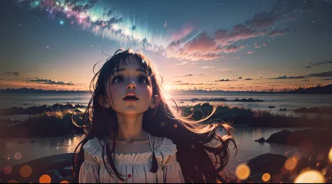 a girl looks up at the bright starry sky on the sea