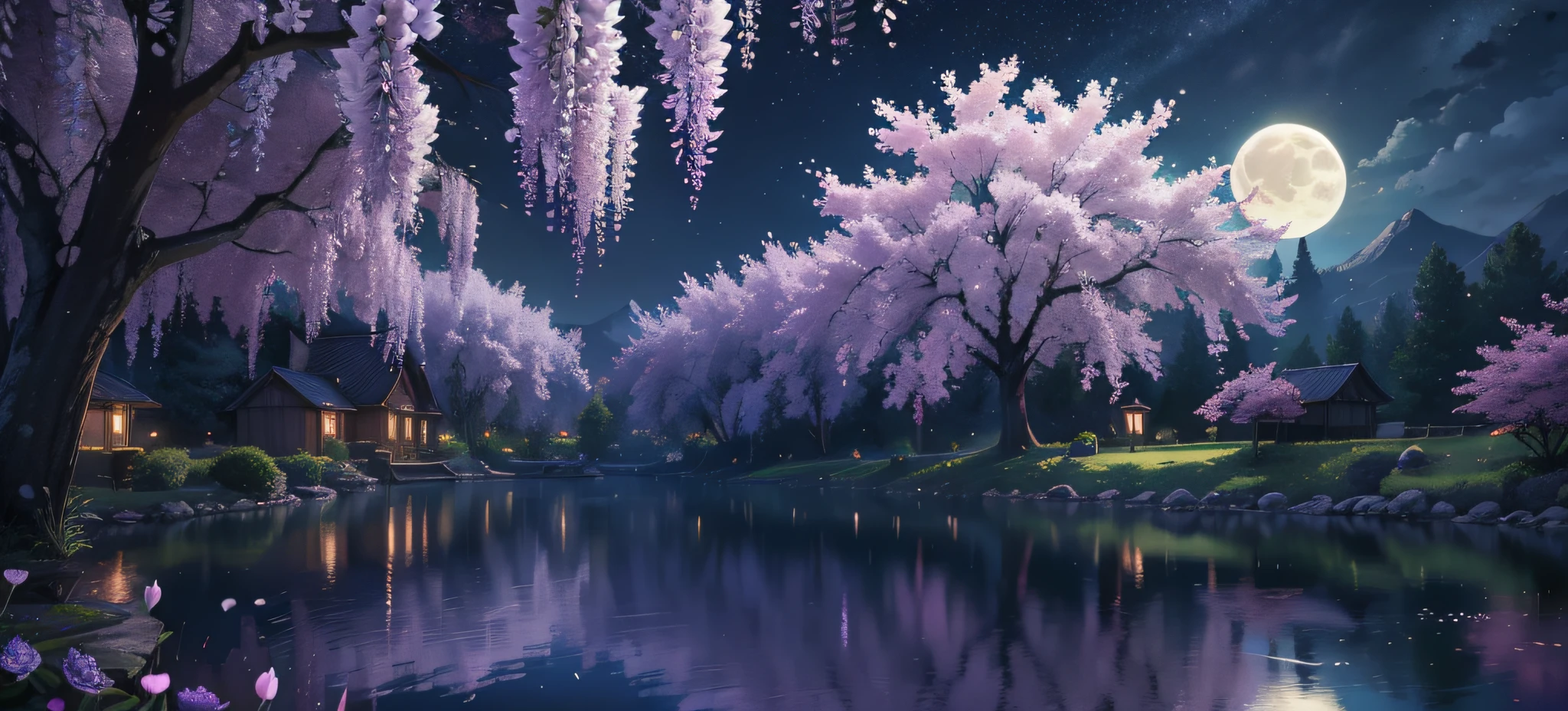 backround, CG, pnon, night, moon, wisteria, cheery blossom, one side is sky and the other is pond, panorama, ray tracing, reflection light, polar opposites, 8K, masterpiece, best quality, high quality, high details, super detail, highres, UHD