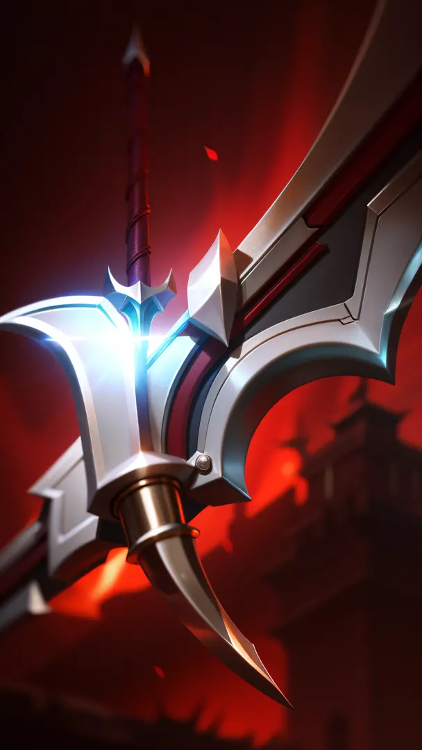 A close-up of a sword，There are red lights behind, Rod arm sword, The sword, league of legends inventory item, POLEARM, Irelia, Halberd, style of league of legends, rapier, war blade weapon, Katarina, Riven, Akali, Ashe, jagged sword, league of legends arc...