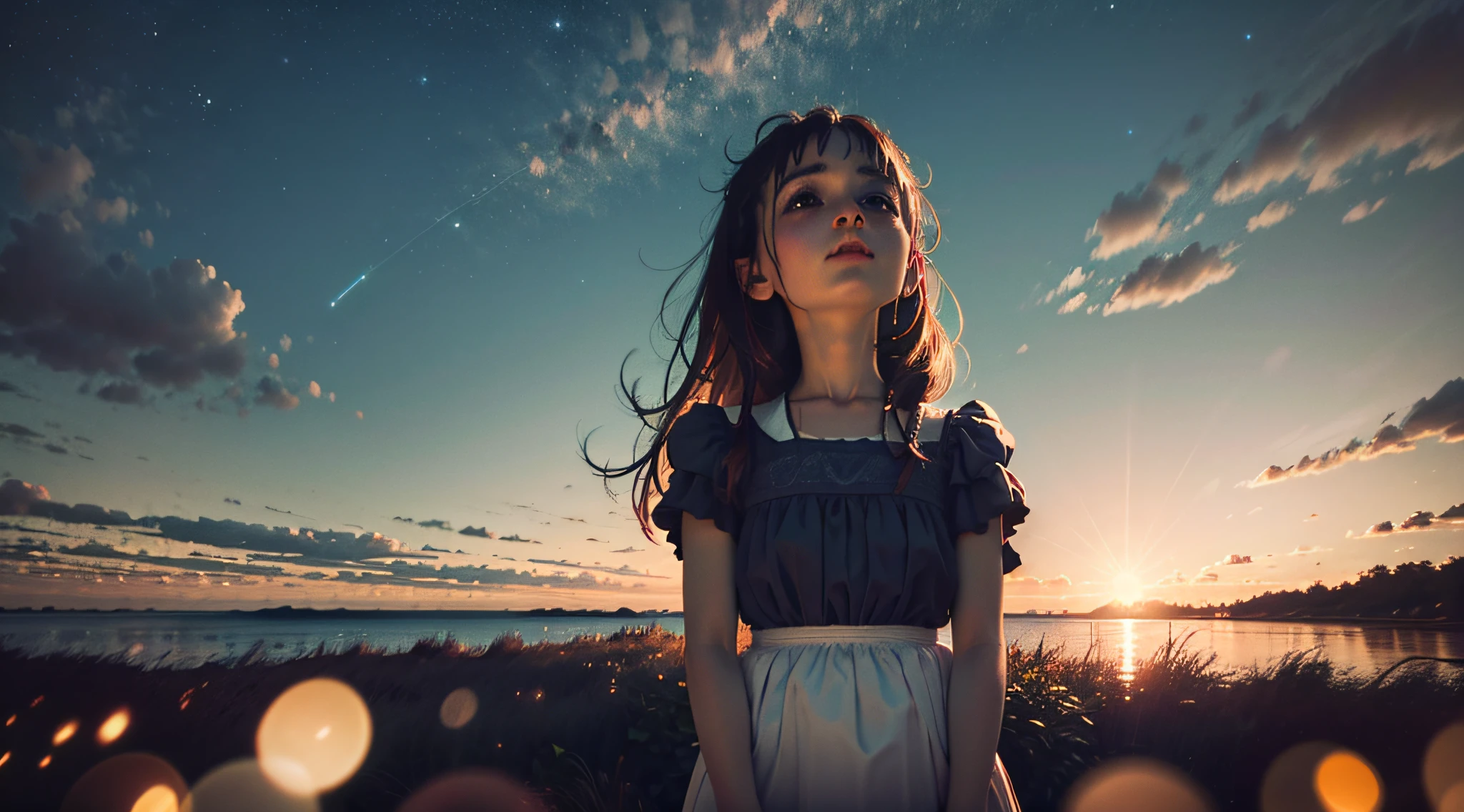 A girl looks up at the bright starry sky on the sea