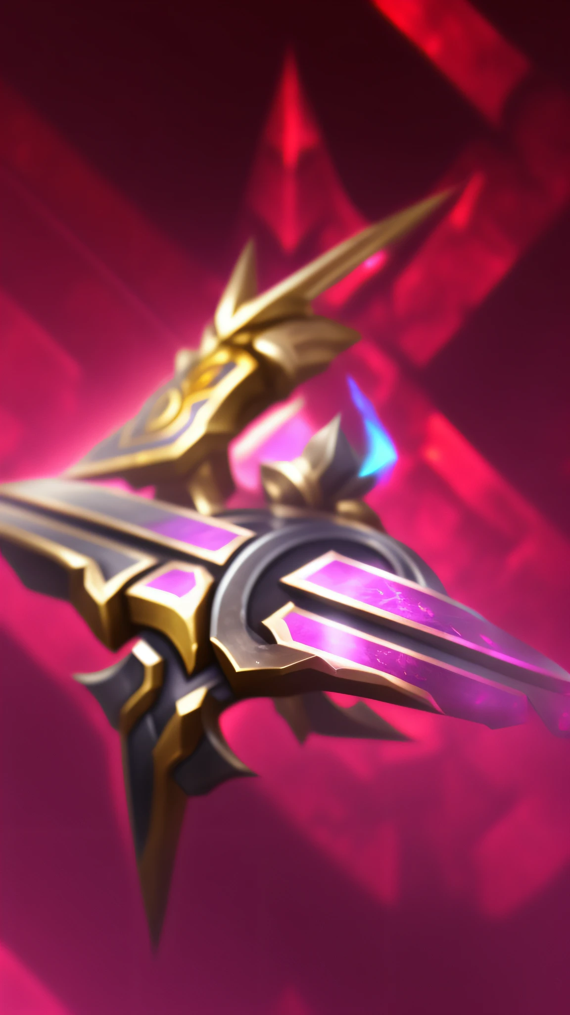 Close up of bow on red background, Divine Bow League of Legends inventory, Rod arm bow, Irelia, POLEARM, Halberd, style of league of legends, Avatar image, magical longbow, arcane jayce, zenra taliyah, style league of legends, brandishing halberd，8K，high qulity，high detal，tmasterpiece，hyper HD，The is very detailed