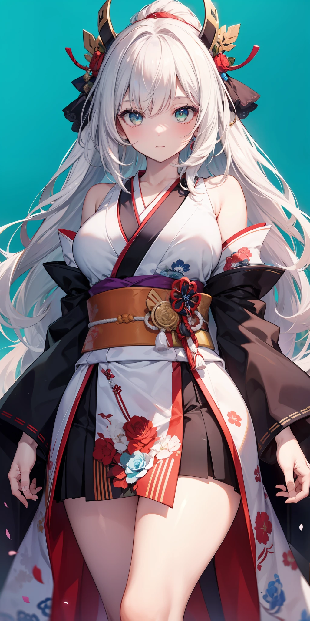 ((best quality)), ((masterpiece)), (detailed), Japanese style, samurai style, Mitsuri Kanroji character, 1girl best quality, portrait, ultra detailed, pretty face, perfect anatomy, soil, pale skin, hair giant green rose, perfect hair, bangs, eyes, pupil, perfect outfit, arms, hands, thick legs, big thigh, possession, blue background, fortnite,
   INFO