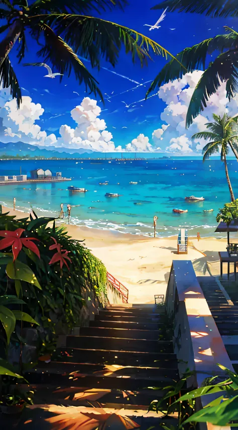 Anime style，the sea，sea beach，coconut palms，seagulls，baiyun，A small island in the distance