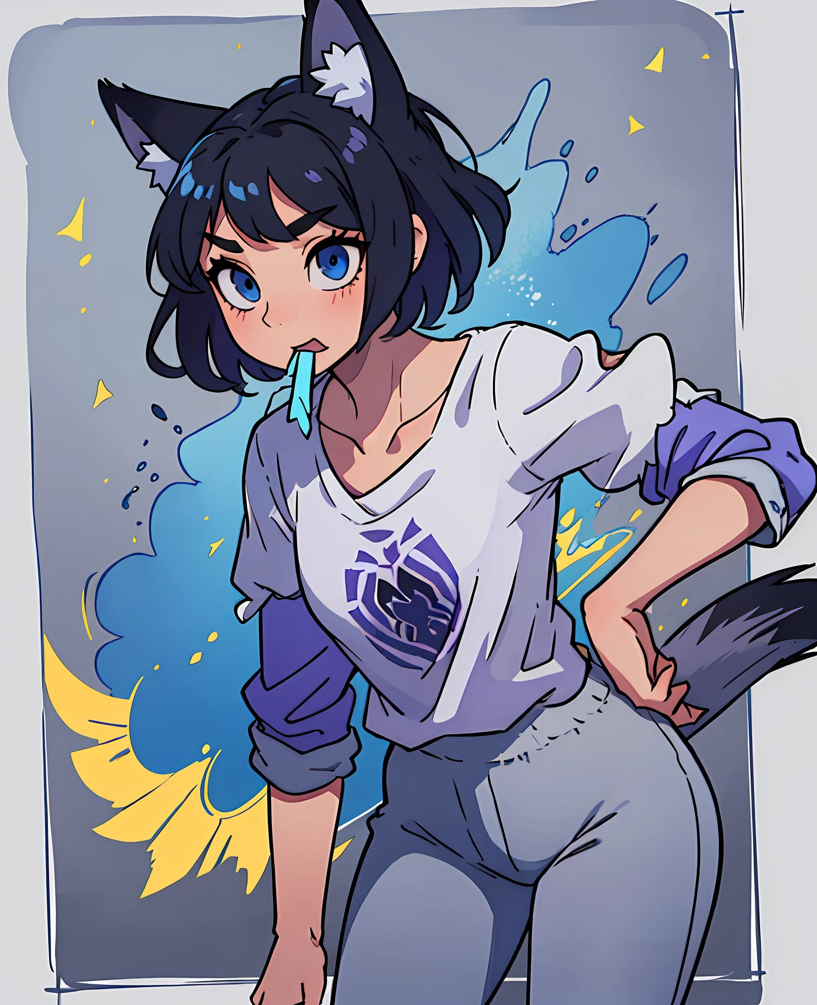 Anime, girl, woman, short black hair, grey fox ears, purple clip in the front of the hair, blue eyes, in the mouth the fang on the left side stands out, a grey fox tail with a white tip, thin body without much chest, cold blouse, blue sleeves and the rest grey, yellow shirt, legging trousers --auto --s2