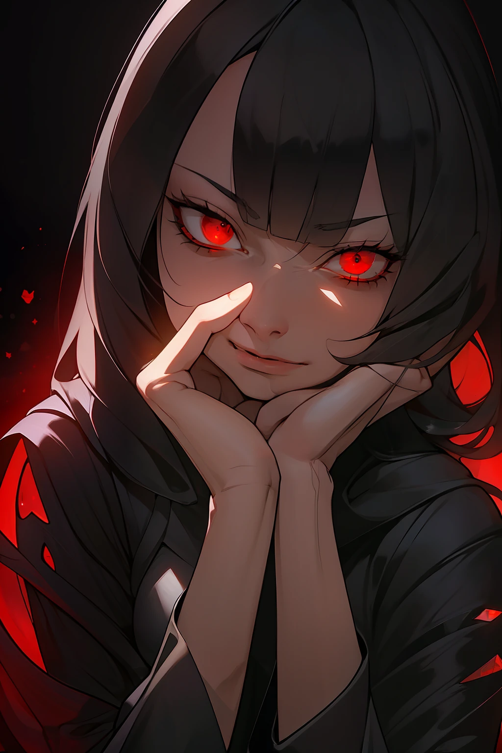 Best quality)), ((masterpiece)), (detailed: 1.4), black dress, dark black hair, black hime cut hair, glowing red eyes, dark background, dark environment, scary, junji ito, juni ito inspired, japanese horror inspired, hands up, fingers spread, grabbing at facer, fingers grabbing at face, 1girl, feminine, wide eyes,