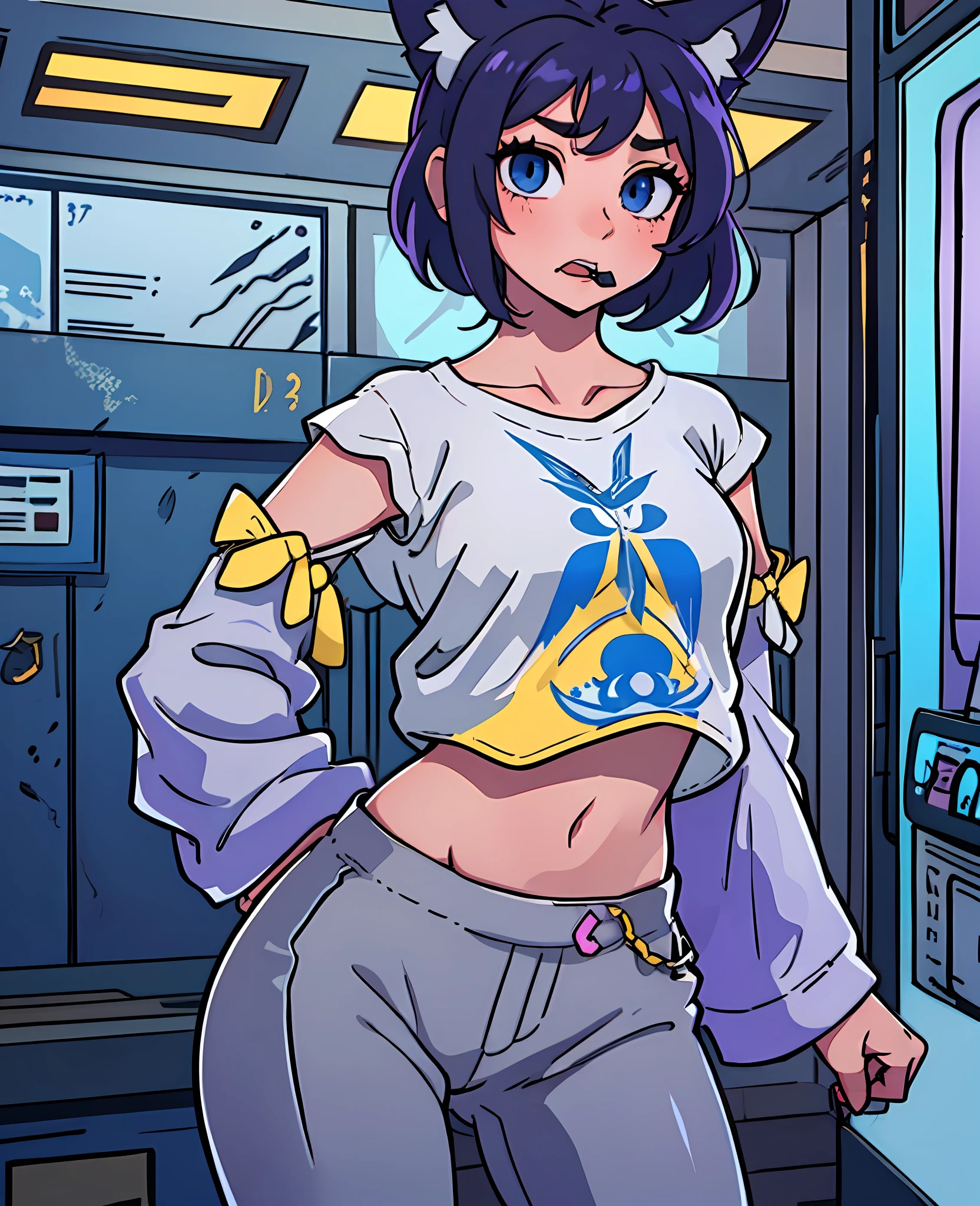 Anime, girl, woman, short black hair, grey fox ears, purple clip in the front of the hair, blue eyes, in the mouth the fang on the left side stands out, a grey fox tail with a white tip, thin body without much chest, cold blouse, blue sleeves and the rest grey, yellow shirt, legging trousers --auto --s2