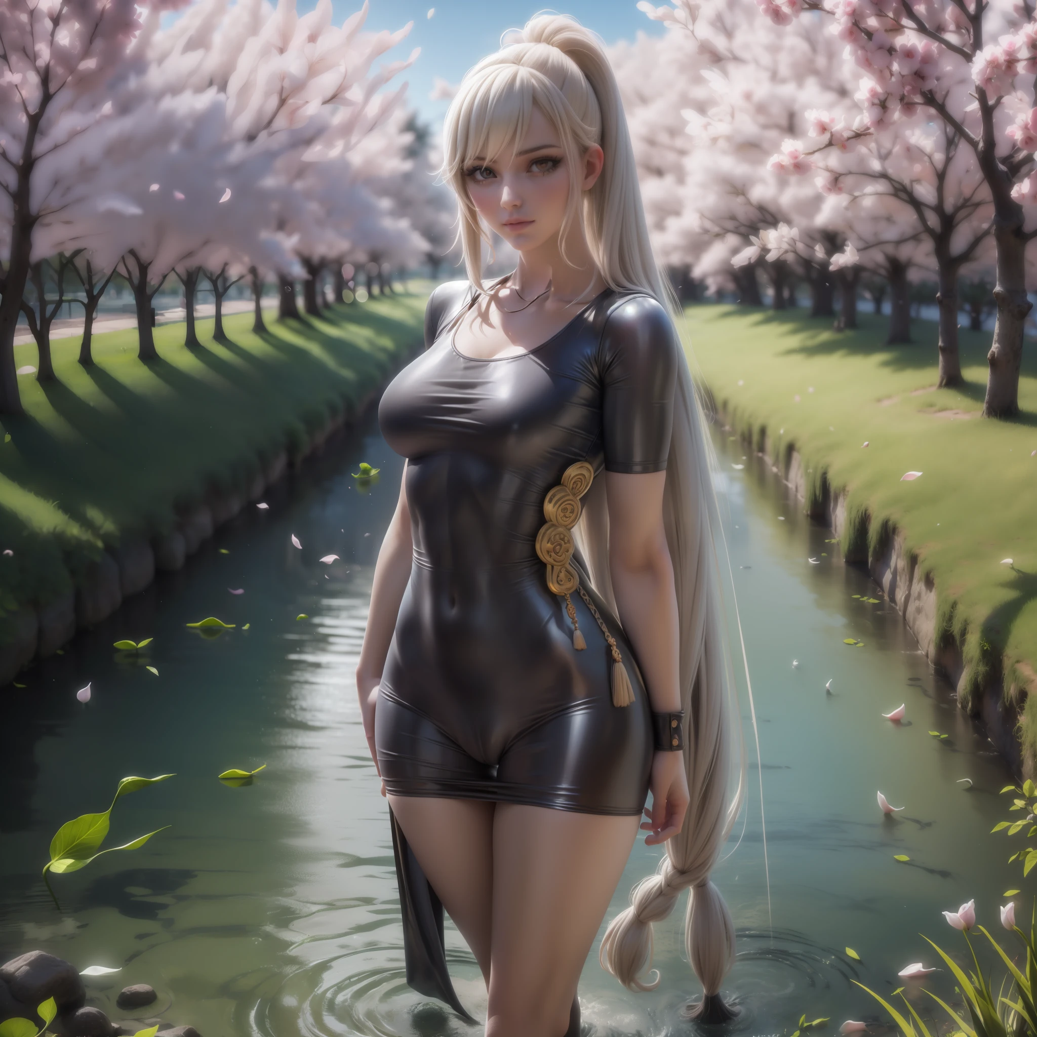 a 20-year-old girl surrounded by cherry trees, flor de cerezo, caliente con sol brillante,
cuerpo completo, 
luz del sol,
cinematiclight,

desde abajo,

(((long hair))),
hair (smooth flat),
horsetail hair,

Gargantilla,
pechos gigantescos:1.2,
disparo de cuerpo completo,

(8k, foto RAW: 1.2), (HDR: 1.2), (enfoque superficial:  1.4), (foco nítido: 1.4),
sin sujetador,
vestido, plateado,
(dedo del pie de camello, Cameltoe, en forma de,
(mascara),
pies sumergidos en el rio,
(botas largas, tacones altos),
(obra maestra, mejor calidad), sthe highest qualit, cinematiclight, 4k