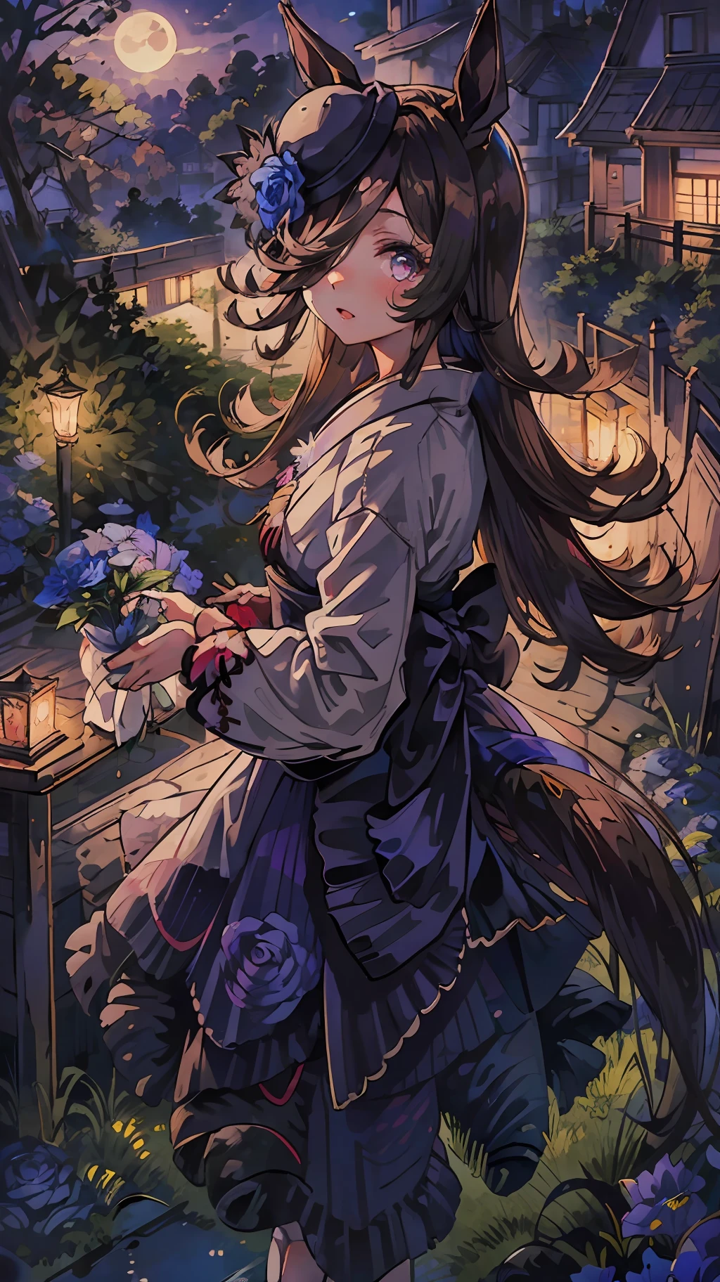 Japan girl princess in white kimono in garden, 1girl in, RiceShower (Umamusume), Solo, Horse tail, Horse ears, Animal ears, tail, komono, Hair over one eye, flower, blue flower, Long hair, Kimono, Horse Girl, Purple eyes, Blue Rose, Moon, Outdoors, Looking at Viewer, blush, Night, Rose,