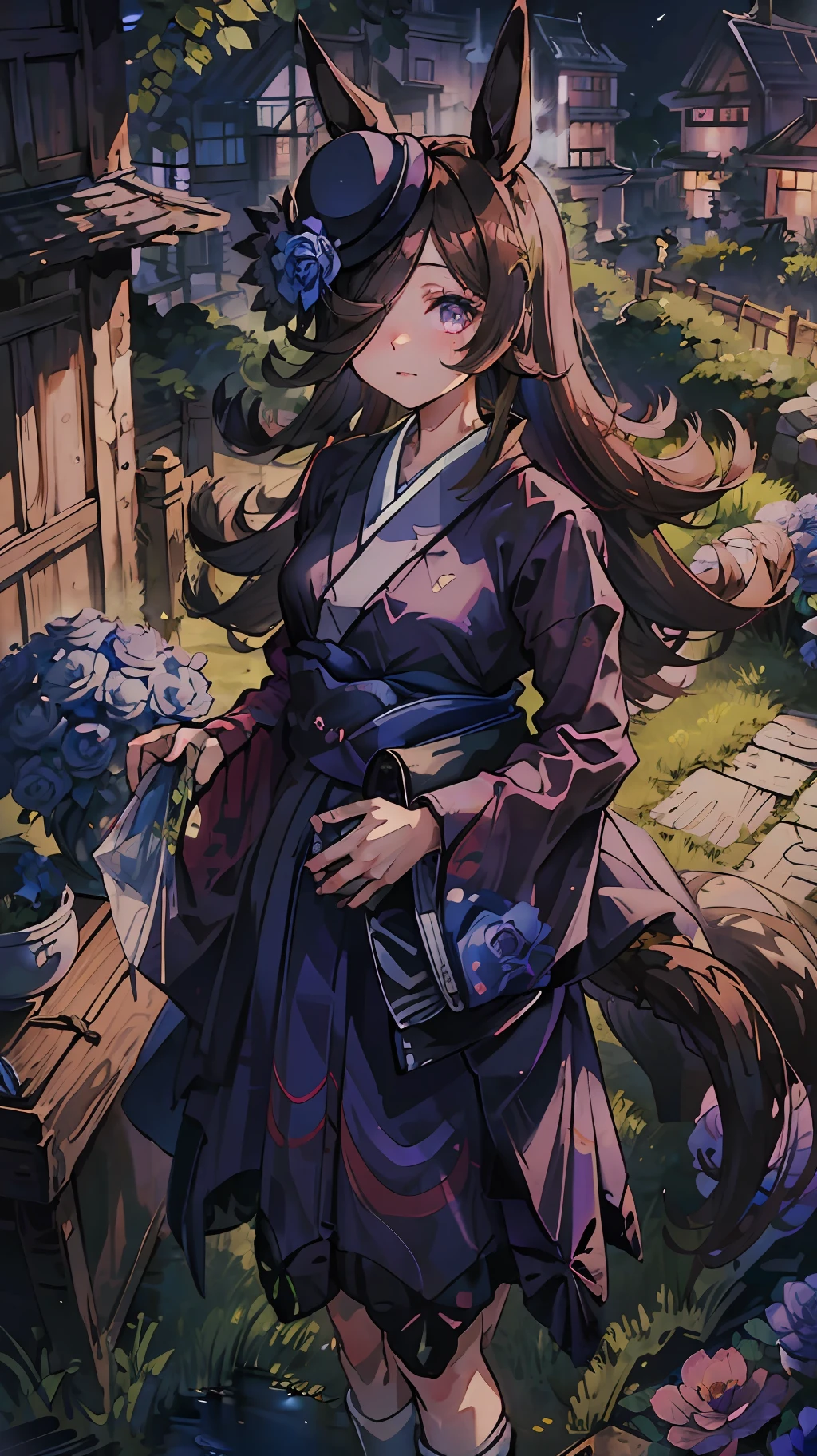 Japan girl princess in white kimono in garden, 1girl in, RiceShower (Umamusume), Solo, Horse tail, Horse ears, Animal ears, tail, komono, Hair over one eye, flower, blue flower, Long hair, Kimono, Horse Girl, Purple eyes, Blue Rose, Moon, Outdoors, Looking at Viewer, blush, Night, Rose,
