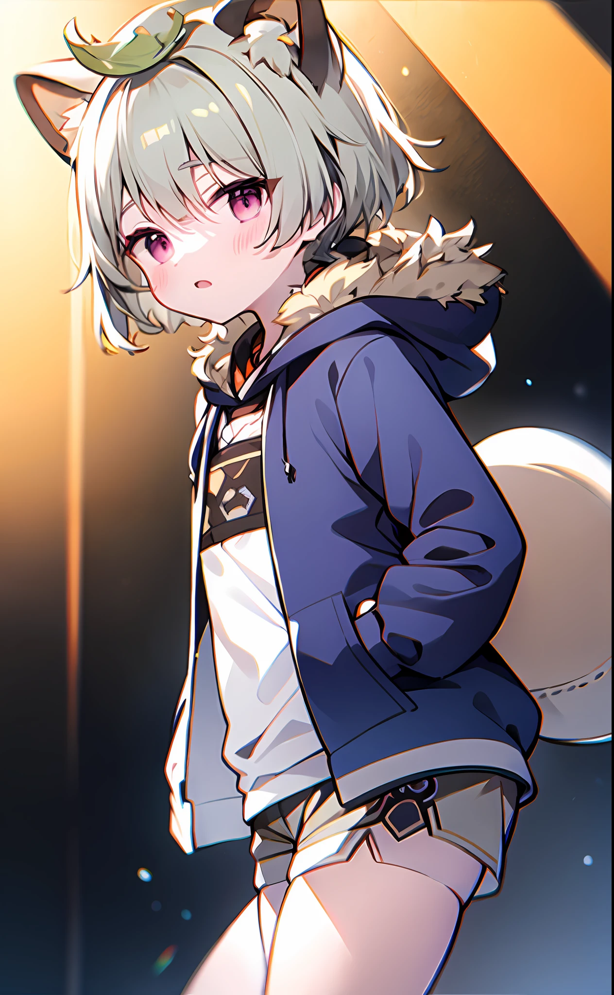 Navy blue sleeves,Shota,Furry,Cute,Lovely,Orange fur,Gray hoodie,Gray shorts,warm lights,Daytime,fantastic shadow sunshine