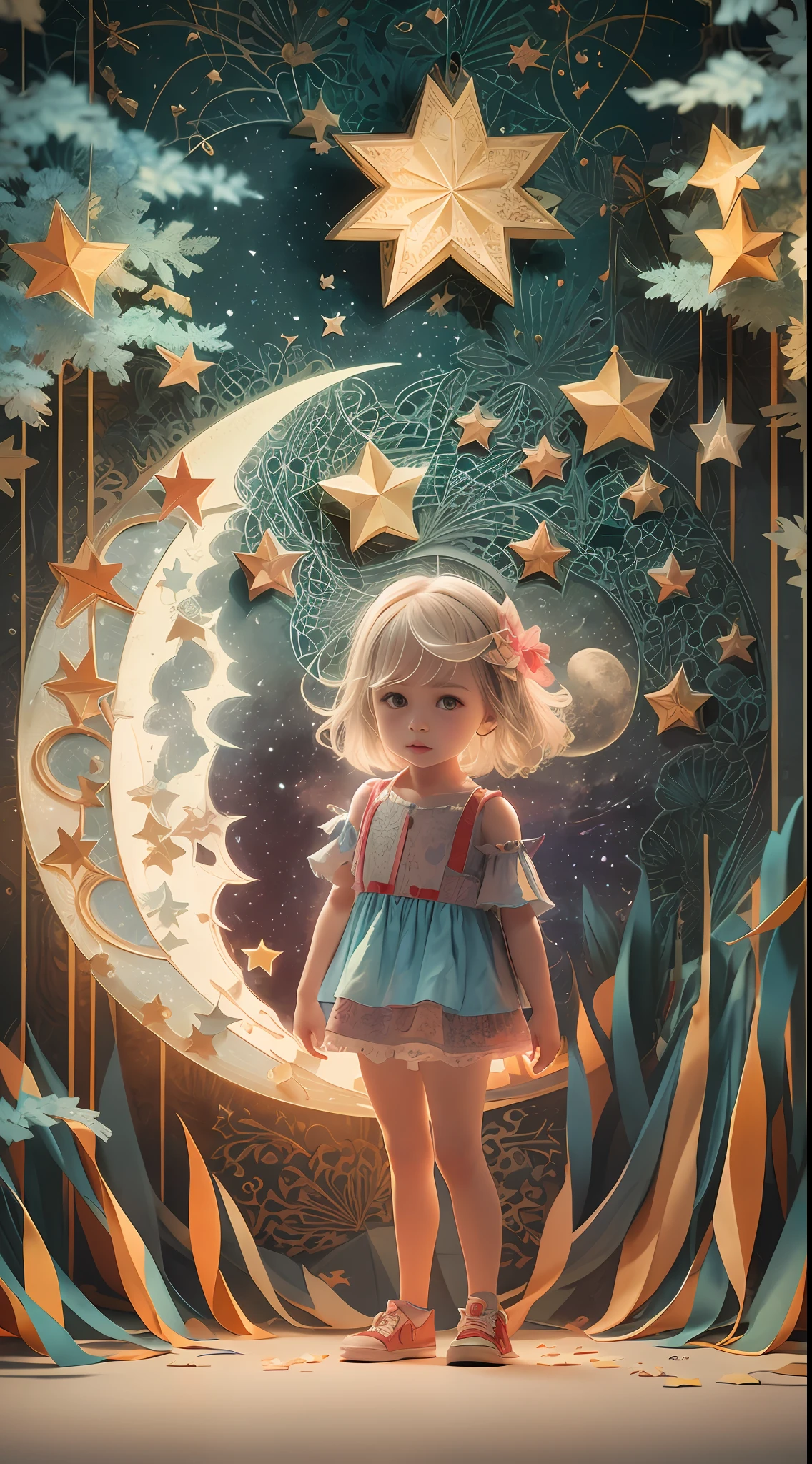 Uma pintura de uma menina parada na frente de uma lua - SeaArt AI