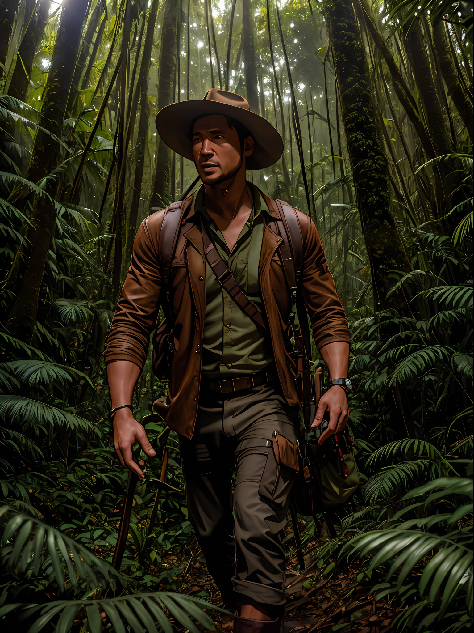 color photo of: an epic close-up shot of an adventurer in the jungle, with lush greenery, an oasis, and massive, damp trees, exploring the forest.
brown leather jacket, beige cargo pants, brown hiking boots, beige hat, backpack, machete, jungle background, determined and adventurous expression, Sony A7R IV camera, Fujifilm Pro 400H film, 50mm lens, natural lighting, David Attenborough, Jimmy Chin, Bear Grylls, Indiana Jones, Lara Croft --auto