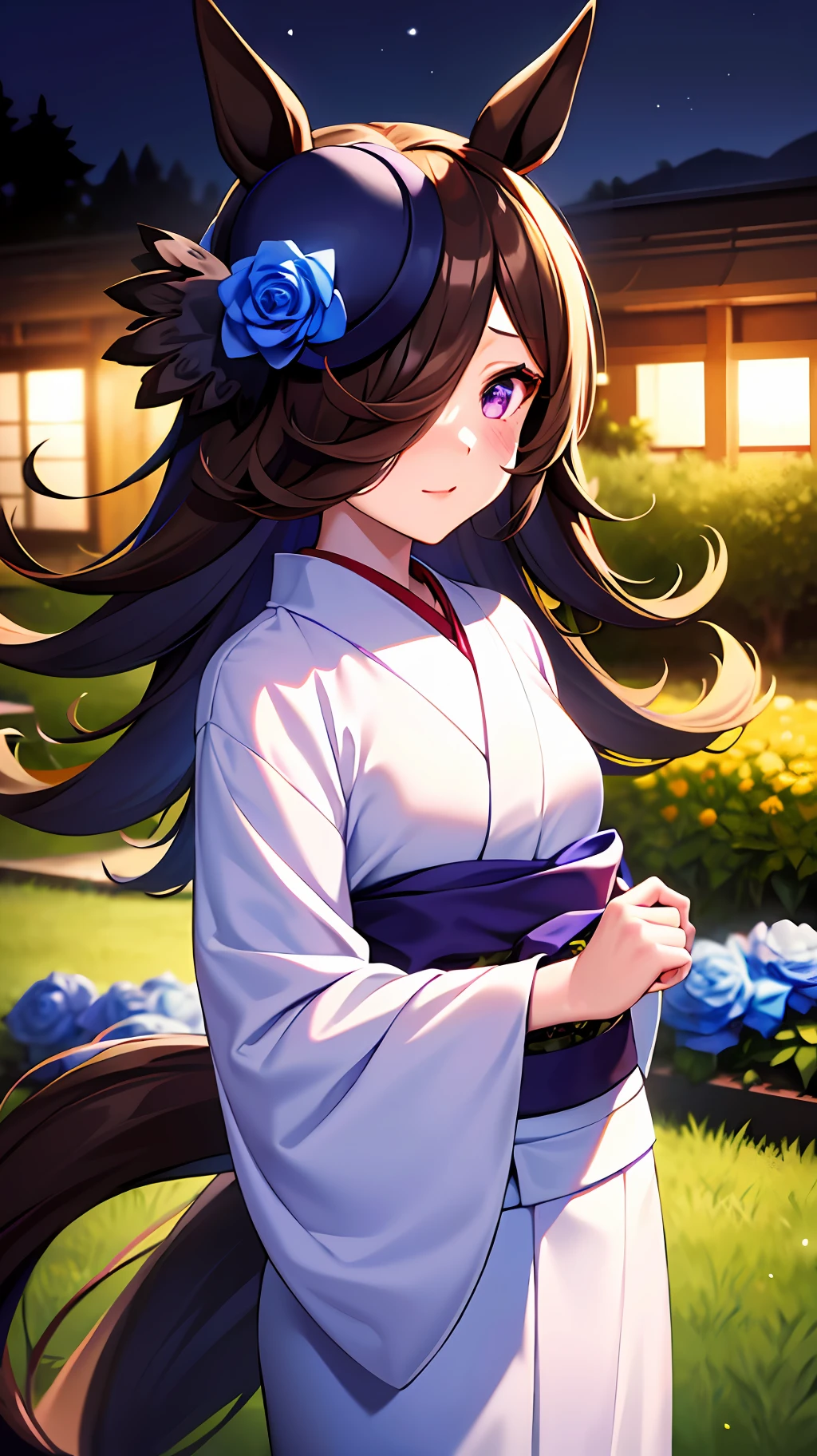 Japan girl princess in white kimono in garden, 1girl in, RiceShower (Umamusume), Solo, Horse tail, Horse ears, Animal ears, tail, Komono, Hair over one eye, flower, blue flower, Long hair, Kimono, Horse Girl, Purple eyes, Blue Rose, Moon, Outdoors, Looking at Viewer, blush, Night, Rose,