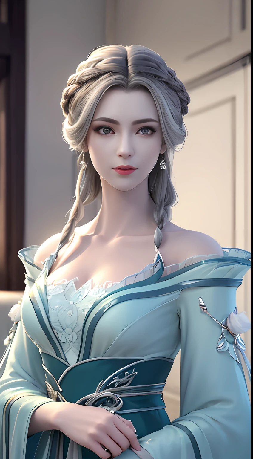 (best quality, masterpiece:1.2), ultra high res, realistic, front lighting, intricate detail, Exquisite details and textures, 1girl, solo ,(young), face highlight, upper body, detailed face, tear mole, white skin, silver hair, ponytail, braid hair, looking at viewer, big eyes, silk robe, (hollow pattern, white, silk), earrings, small breasts, slim body, luxury room, professional lighting, photon mapping, radiosity, physically-based rendering,