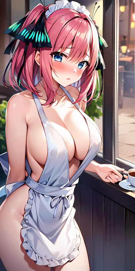 1girl, solo, nakano nino, pink hair, butterfly hair ornament, (naked:1.3), (white apron), large breasts, cleavage, thighs, cafe background, (blushing:1.3)